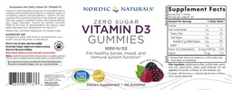 Label for Zero Sugar Vitamin D3 1000 IU Gummies Wild Berry