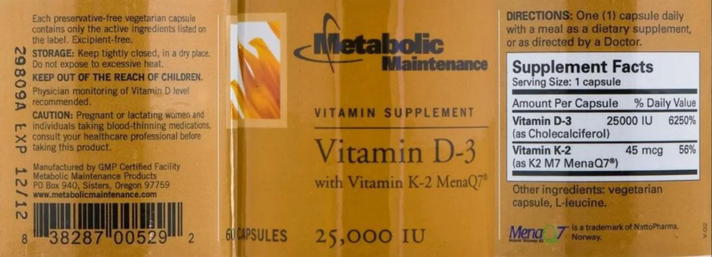 Label for Vitamin D-3 with Vitamin K-2 MenaQ7