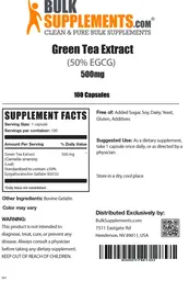 Label for Green Tea Extract (50% EGCG) 500 mg