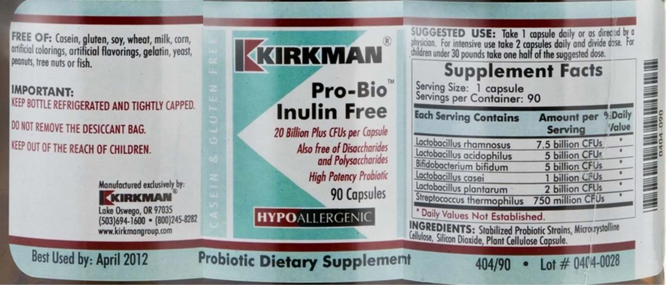 Label for Pro-Bio Inulin Free
