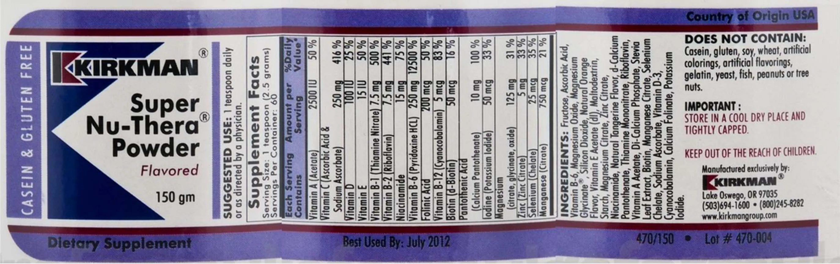 Label for Super Nu-Thera Powder Flavored