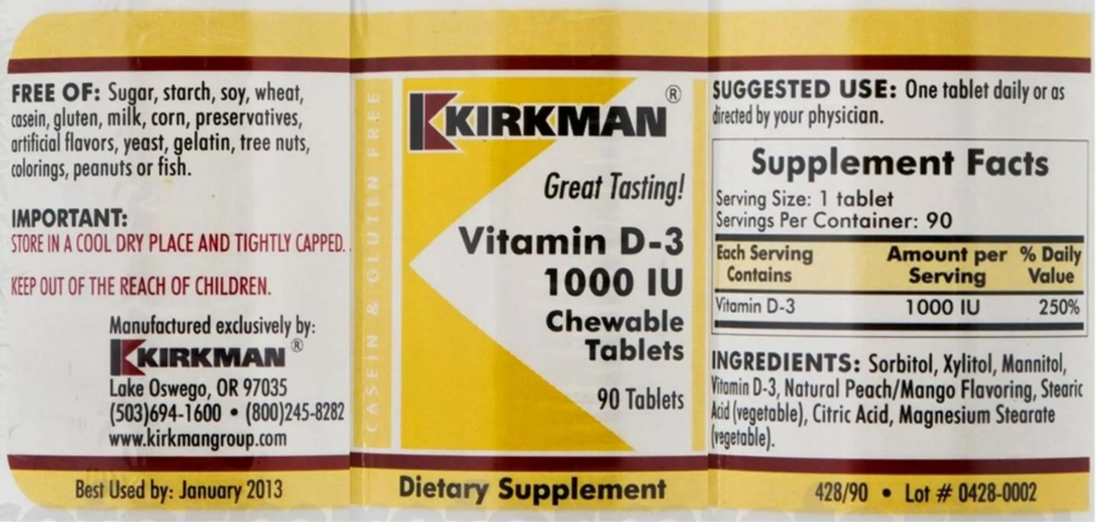 Label for Vitamin D-3 1000 IU Chewable Tablets