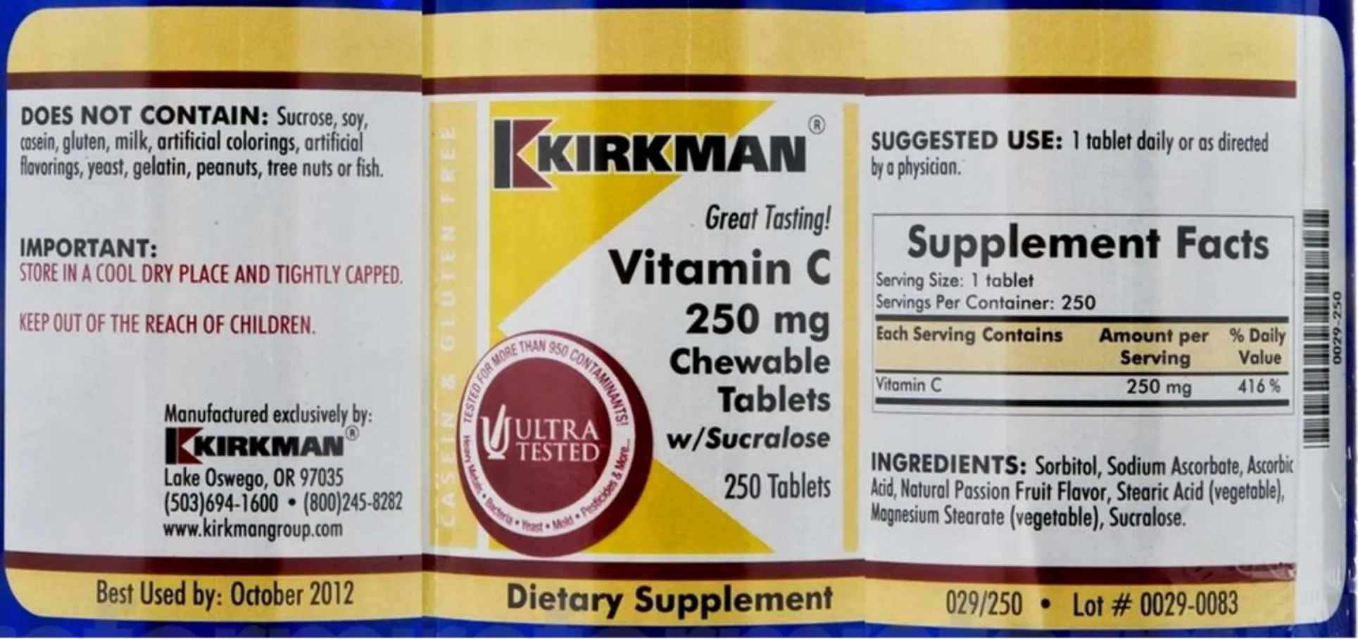 Label for Vitamin C 250 mg Chewable Tablets W/Sucralose