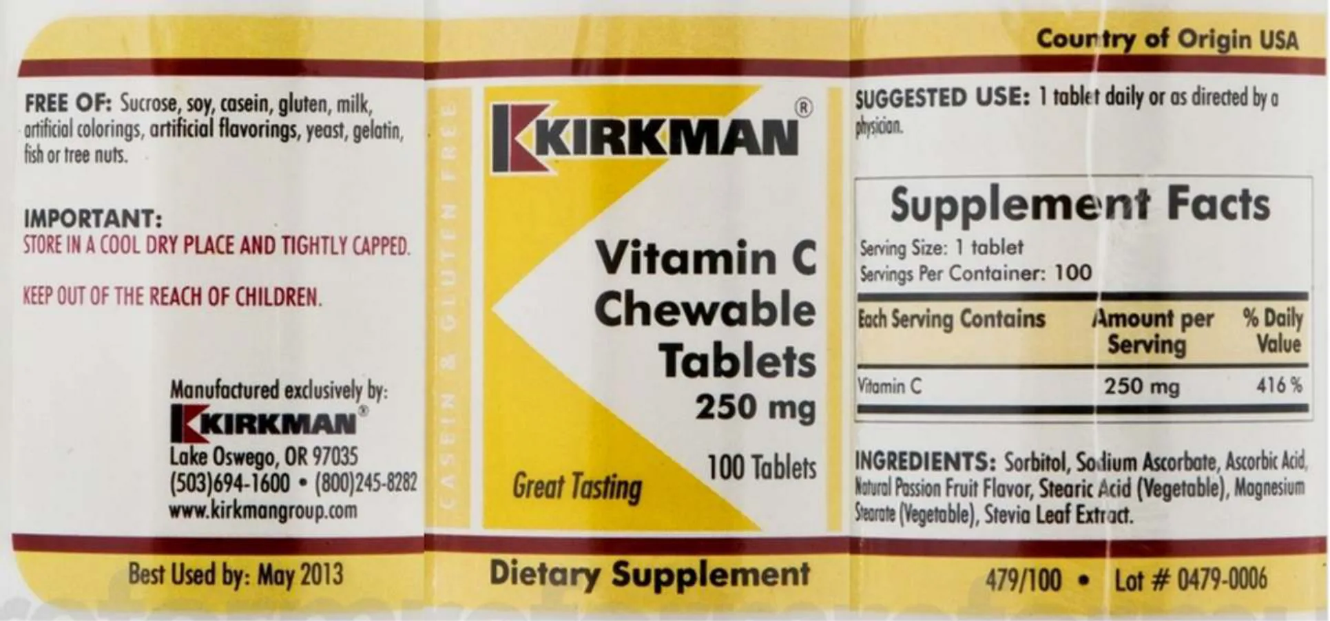 Label for Vitamin C Chewable Tablets 250 mg