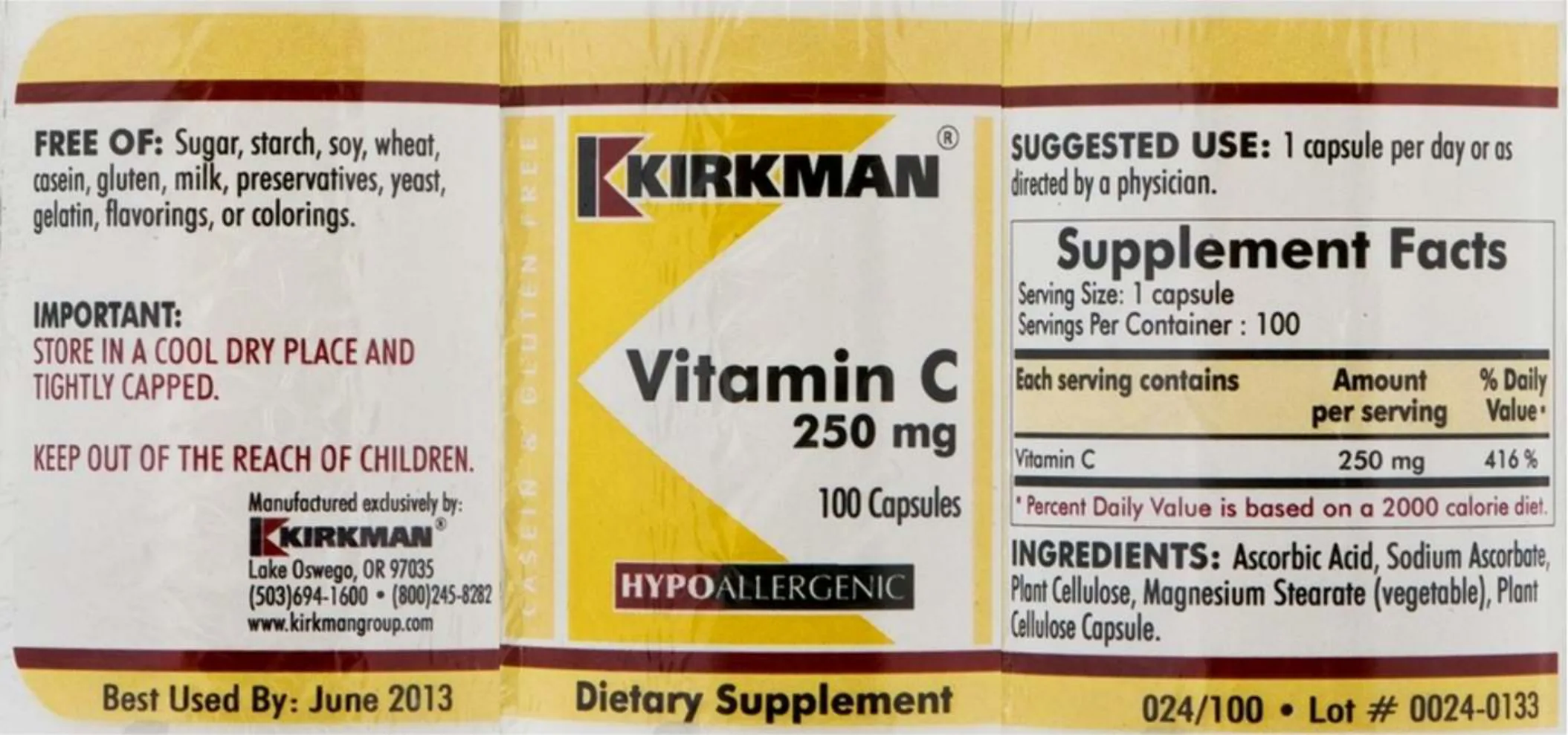 Label for Vitamin C 250 mg