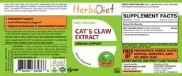 Label for Cat's Claw Extract