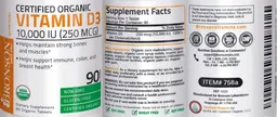 Label for Certified Organic Vitamin D3 10,000 IU (250 mcg)