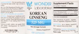 Label for Korean Ginseng 525 mg