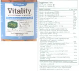 Label for Vitality Multivitamin & Mineral Men