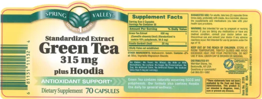 Label for Standardized Extract Green Tea 315 mg Plus Hoodia