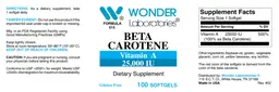 Label for Beta Carotene Vitamin A 25,000 IU