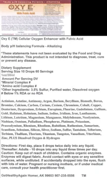 Label for Oxy E Cellular Oxygen Enhancer With Fulvic Acid