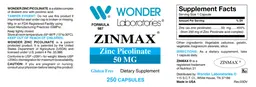 Label for Zinmax Zinc Picolinate 50 mg