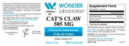 Label for Cat's Claw 505 mg