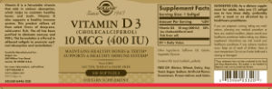 Label for Vitamin D3 (Cholecalciferol) 10 mcg (400 IU)