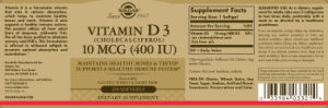 Label for Vitamin D3 (Cholecalciferol) 10 mcg (400 IU)