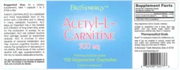 Label for Acetyl-L-Carnitine 500 mg