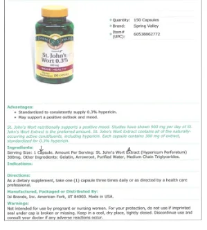 Label for Natural St. John's Wort 0.3% 300 mg