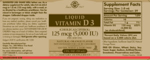 Label for Liquid Vitamin D3 125 mcg (5000 IU) Natural Orange Flavor