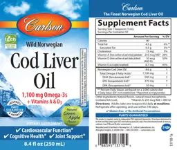 Label for Wild Norwegian Cod Liver Oil Natural Green Apple Flavor