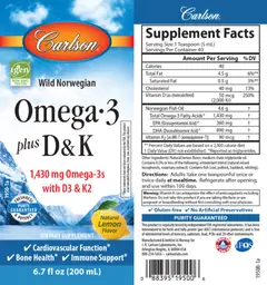 Label for Omega-3 1,430 mg plus D & K Natural Lemon Flavor