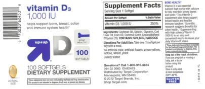Label for Vitamin D3 1,000 IU