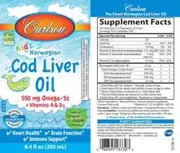 Label for Kid's Norwegian Cod Liver Oil Natural Green Apple Flavor