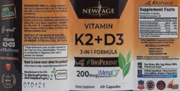 Label for Vitamin K2 200 mcg + D3 with BioPerine