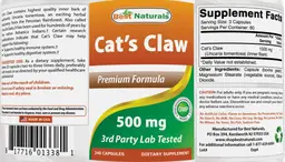 Label for Cat's Claw 500 mg