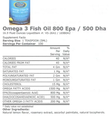 Label for Omega 3 Fish Oil 800 EPA/500 DHA