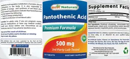 Label for Pantothenic Acid 500 mg
