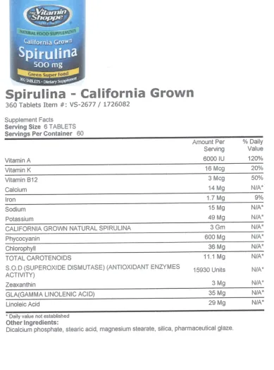 Label for California Grown Spirulina 500 mg
