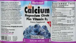 Label for Liquid Calcium Magnesium Citrate Plus Vitamin D3 Natural Blueberry Flavor
