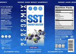 Label for SST Energy Seltzer Blueberry Acai