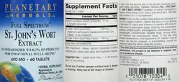 Label for Full Spectrum St. John's Wort Extract 600 mg