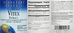 Label for Full Spectrum Vitex Extract 500 mg