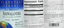 Label for Full Spectrum Ashwagandha 570 mg
