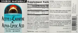 Label for Acetyl L-Carnitine & Alpha-Lipoic Acid