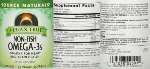 Label for Vegan True Non-Fish Omega-3s 300 mg