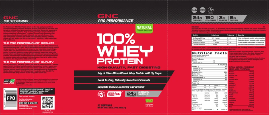 Label for 100% Whey Protein Natural Vanilla
