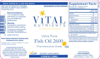 Label for Ultra Pure Fish Oil 2600 Lemon Flavor