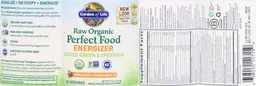 Label for Raw Organic Perfect Food Energizer Yerba Mate-Pomegranate