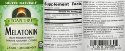 Label for Vegan True Melatonin 2.5 mg Orange Flavored 