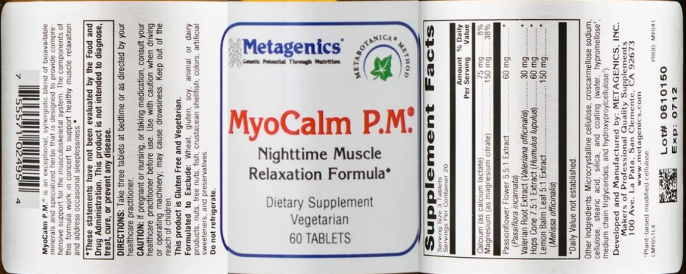 Label for MyoCalm P.M.