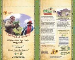 Label for Organic 100% Pure Maca Root Powder