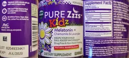 Label for Pure Zzzs Kidz Melatonin + Chamomile & Lavender Natural Berry Flavor