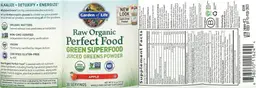 Label for Raw Organic Perfect Food Green Superfood Juiced Greens Powder Apple