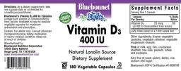 Label for Vitamin D3 400 IU