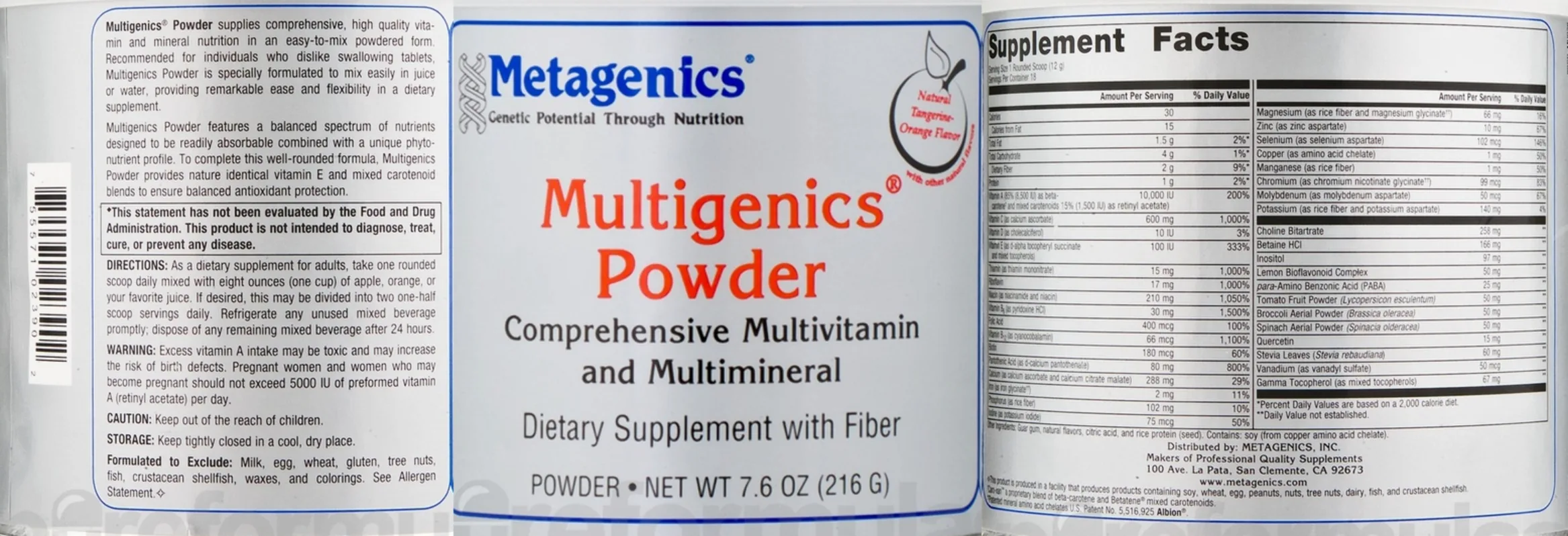 Label for Multigenics Powder Natural Tangerine-Orange Flavor