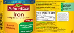 Label for Iron 65 mg (325 mg Ferrous Sulfate)